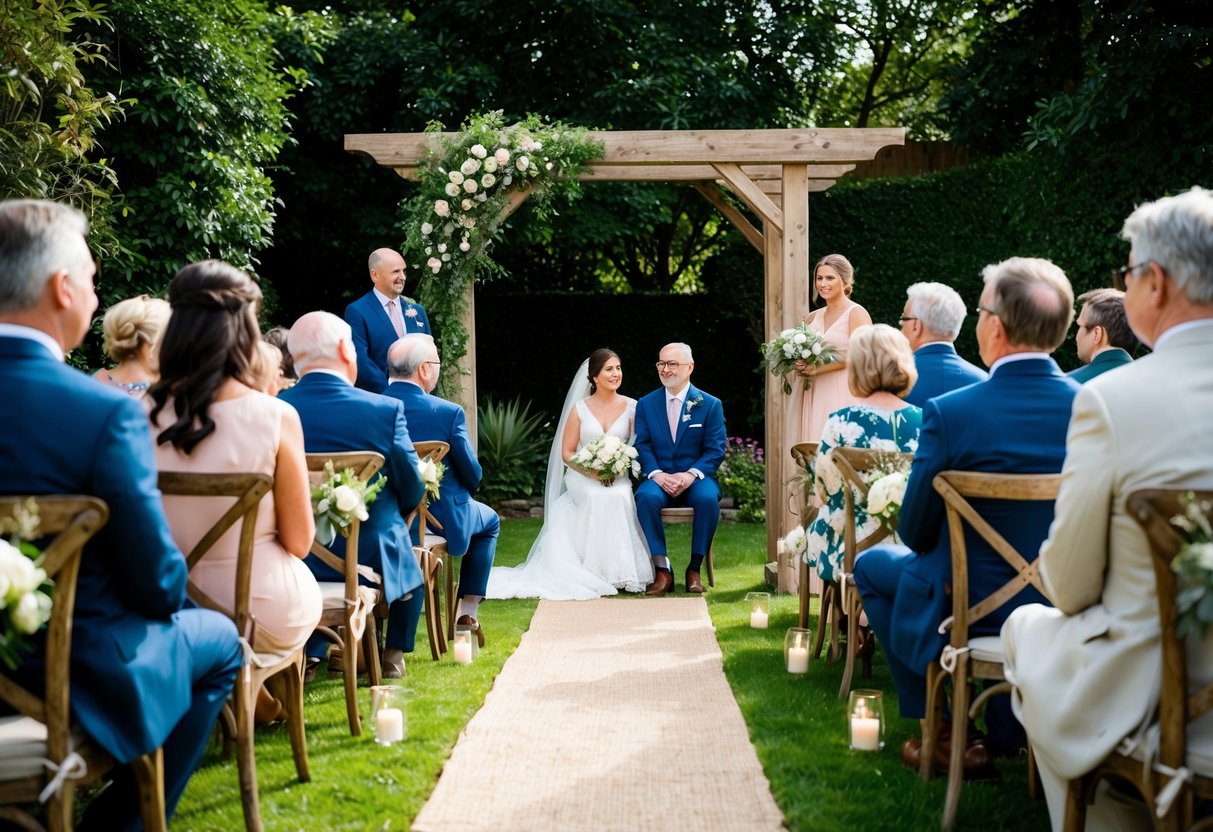 A small wedding ceremony in a cozy outdoor garden, with a rustic wooden arch and a few close family members seated on vintage wooden chairs