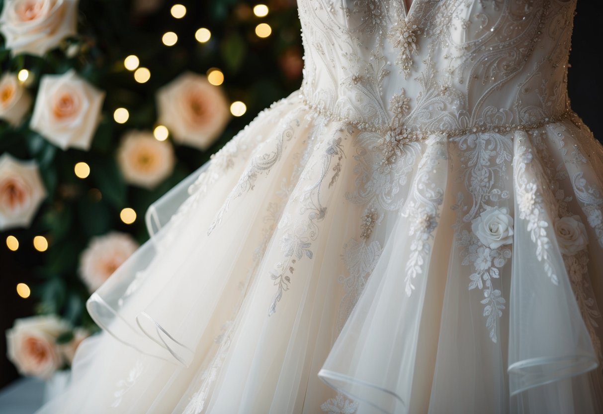 A wedding dress adorned with intricate lace, delicate beading, and flowing layers of tulle, set against a backdrop of blooming roses and twinkling fairy lights