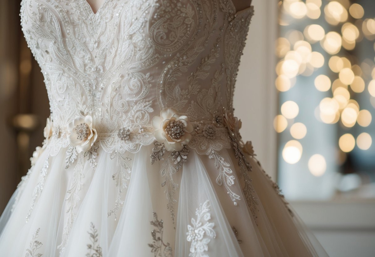 A wedding dress adorned with intricate lace, delicate beading, and cascading layers of tulle, accented with elegant floral appliques and shimmering embellishments