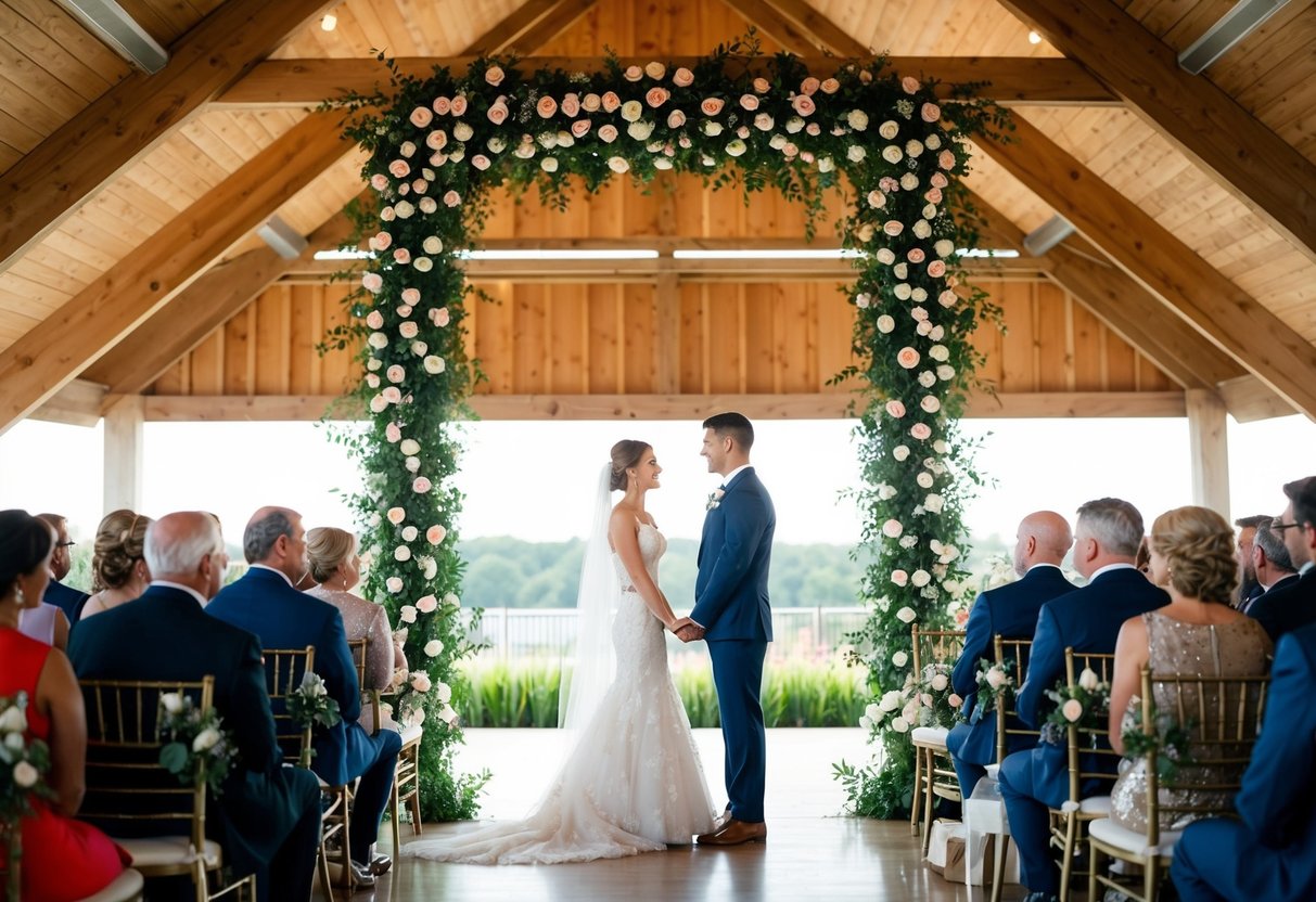 A bride and groom standing under a floral arch with guests seated in rows