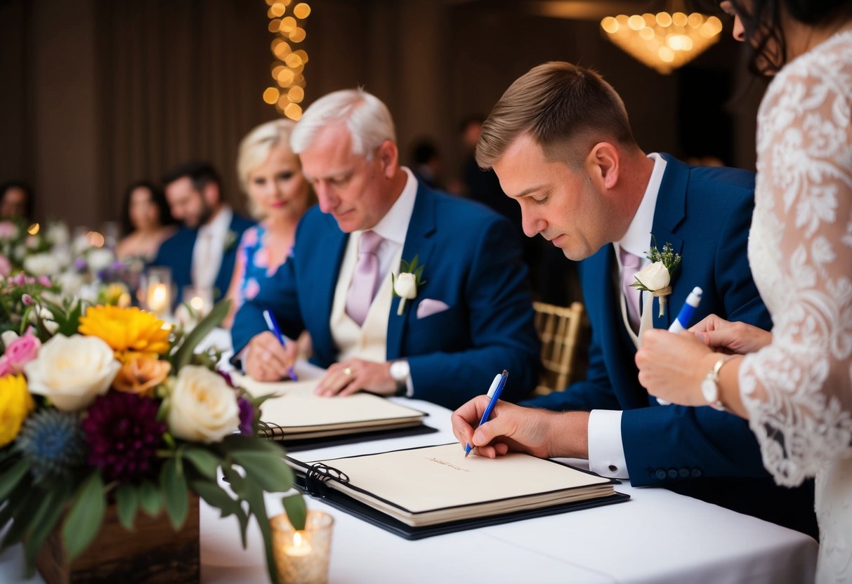 A wedding guest signing a guestbook at a reception table with a colorful floral centerpiece