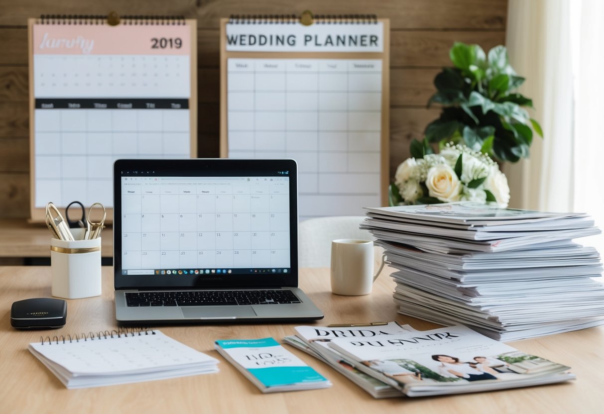 A busy wedding planner's desk with a calendar, laptop, and stacks of bridal magazines