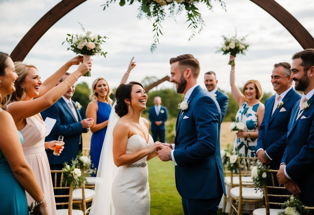A joyful wedding ceremony with guests celebrating and a couple exchanging vows