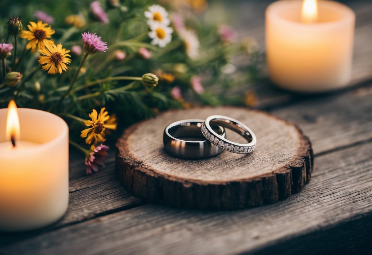A pair of wedding rings resting on a rustic wooden table, surrounded by wildflowers and soft candlelight
