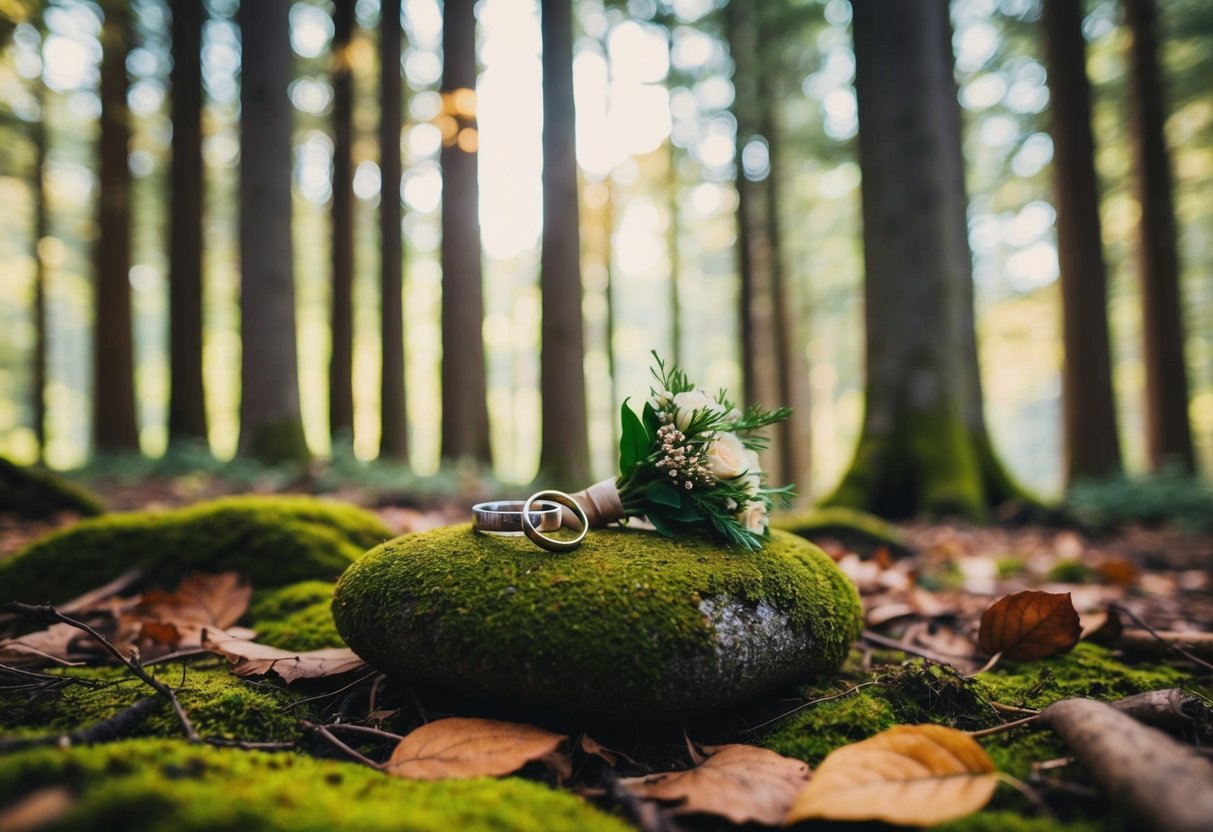 A secluded forest clearing with two rings and a bouquet on a mossy rock, surrounded by tall trees and a soft, warm light filtering through the leaves