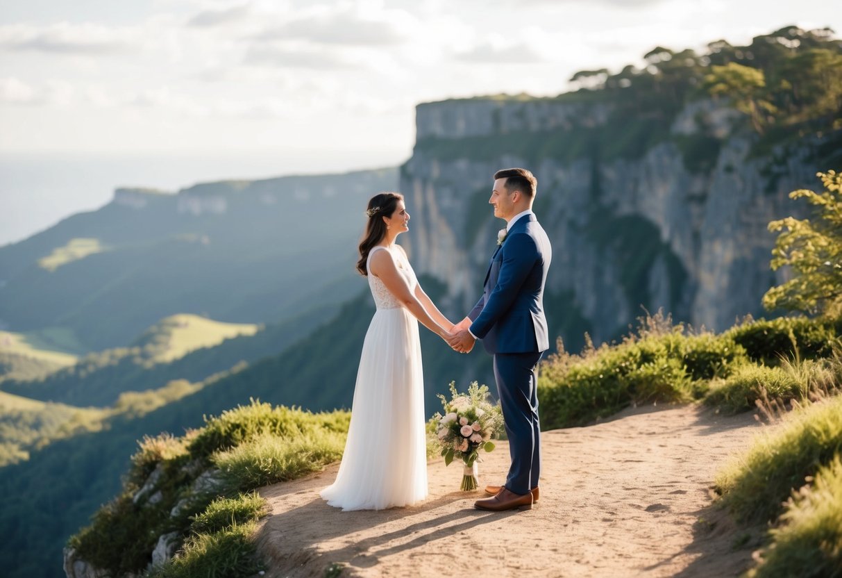 A couple standing on a secluded cliff overlooking a picturesque landscape, holding hands and gazing into each other's eyes, with a small bouquet at their feet