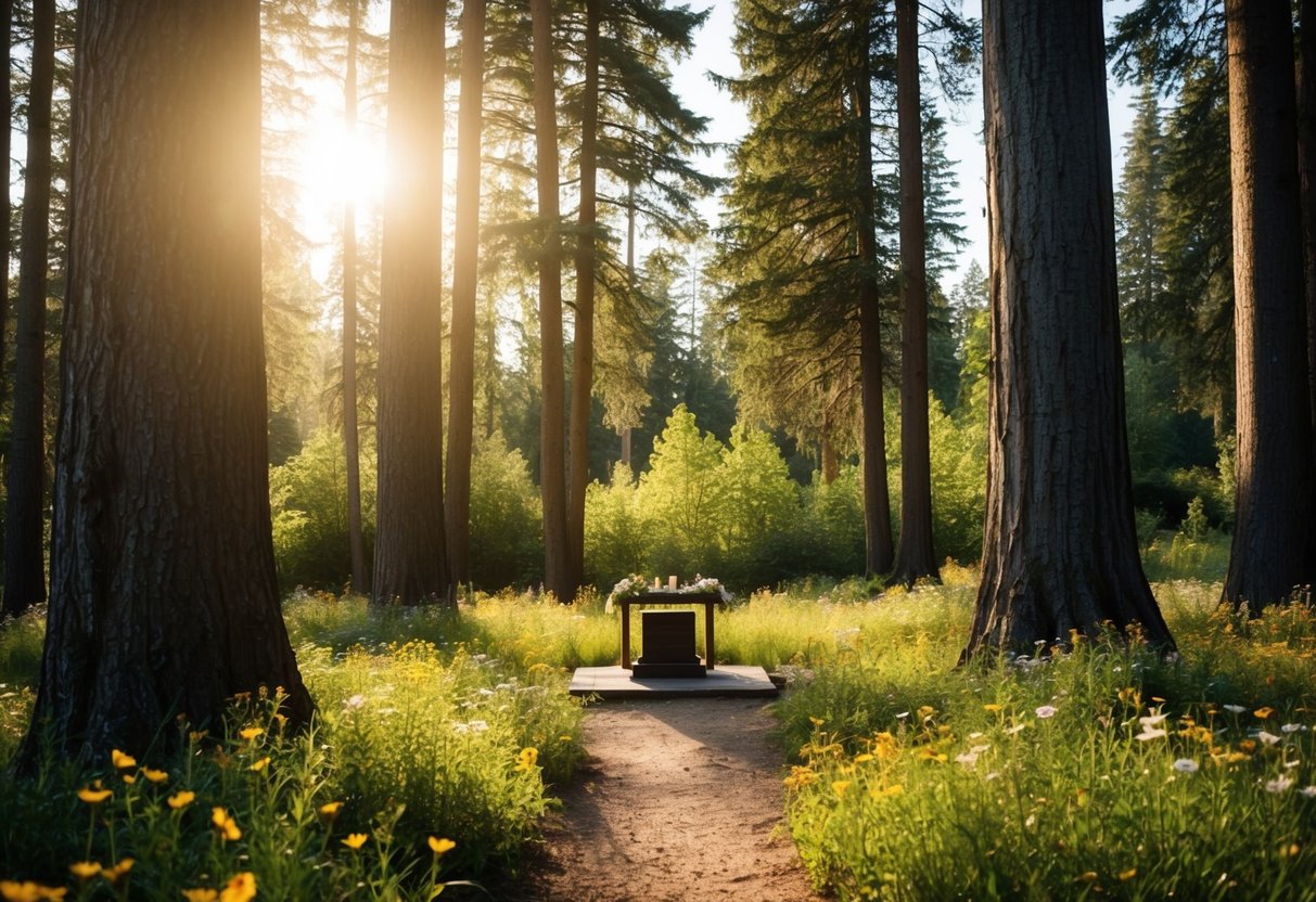 A secluded forest clearing with a simple altar adorned with wildflowers and surrounded by towering trees, bathed in golden sunlight