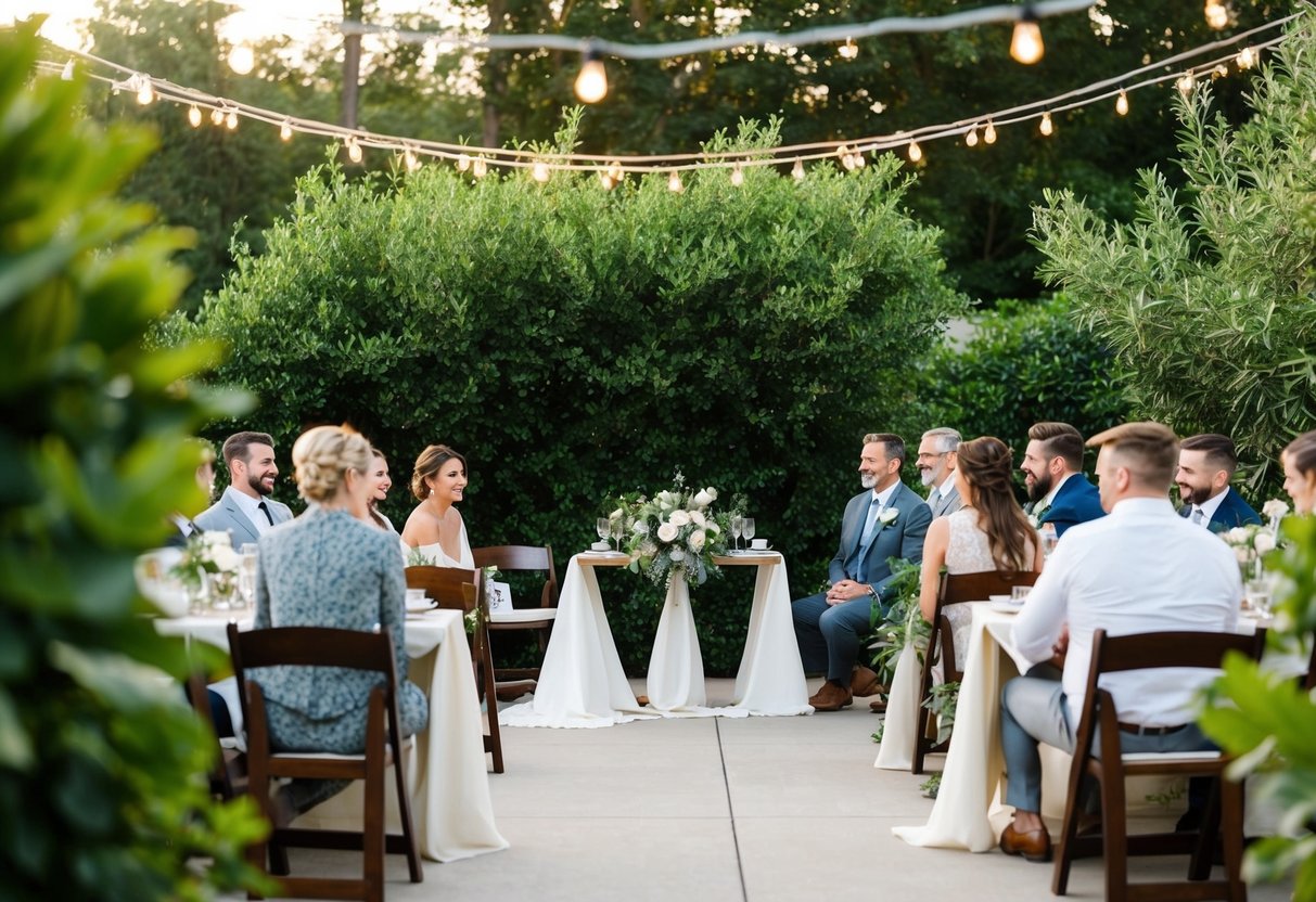 A small outdoor setting with a beautifully decorated table for a few guests, surrounded by lush greenery and twinkling string lights