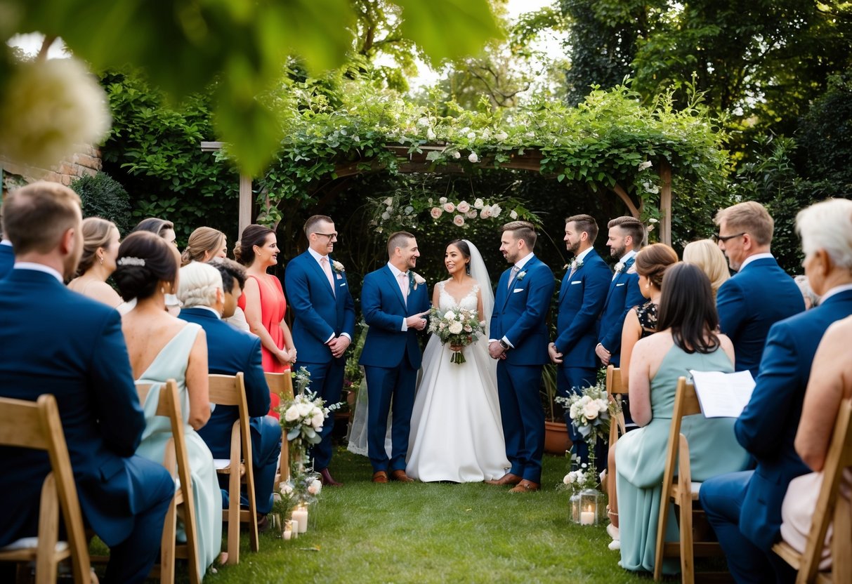A small, intimate wedding ceremony with a limited number of guests gathered in a cozy, outdoor garden setting