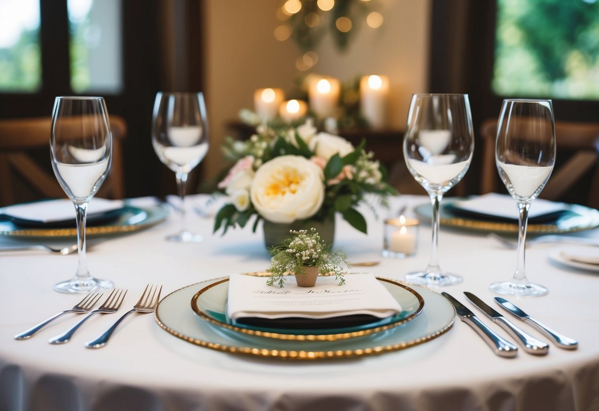 A small table set for an intimate wedding dinner, with a handful of place settings and elegant decor