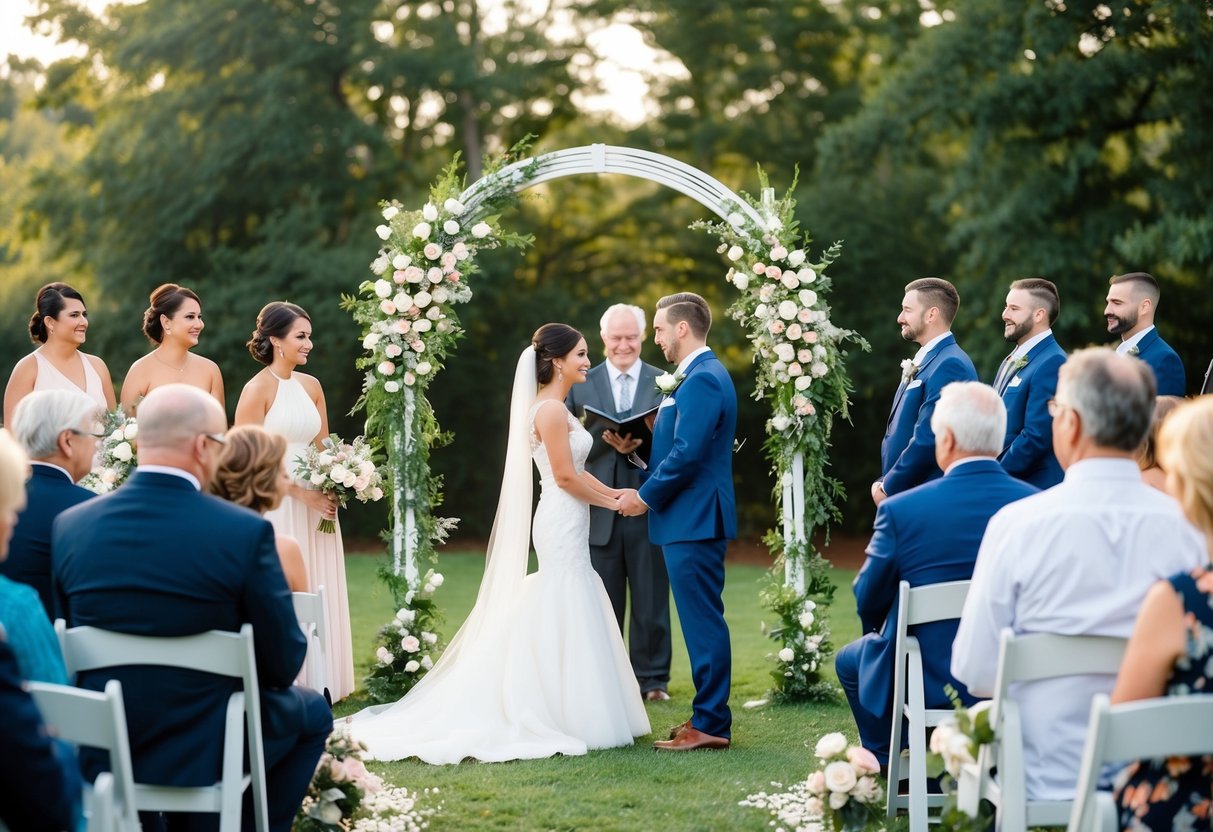 A small, intimate outdoor ceremony with a beautiful arch and floral decorations, surrounded by close family and friends