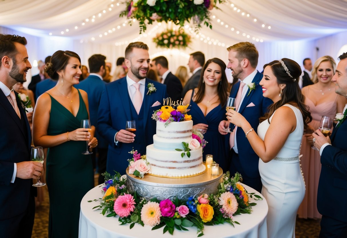 Guests admire a beautiful wedding cake surrounded by colorful flowers and elegant decorations. Music fills the air as people mingle and celebrate