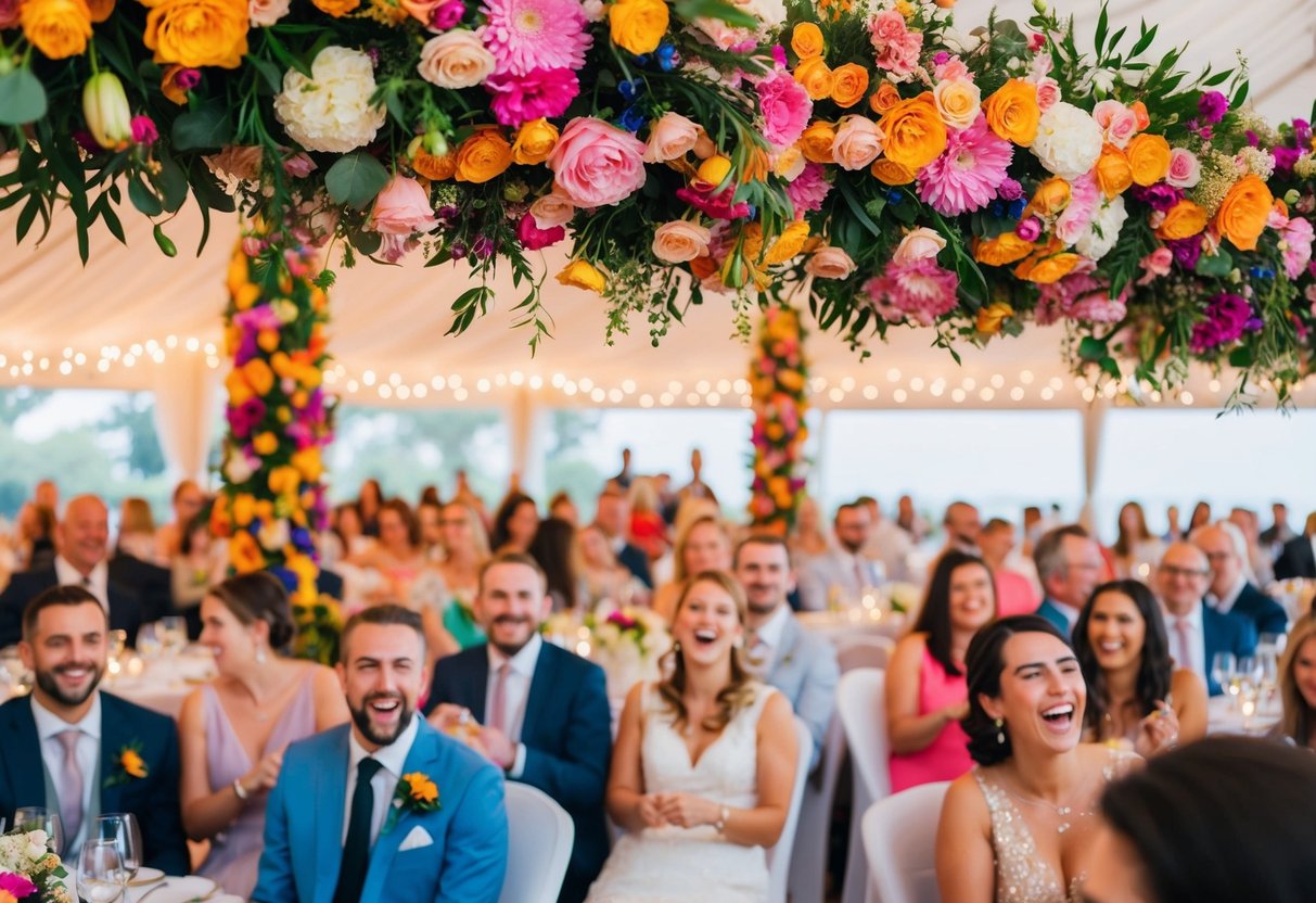A colorful array of flowers and decorations adorns the venue, while joyful laughter and music fill the air