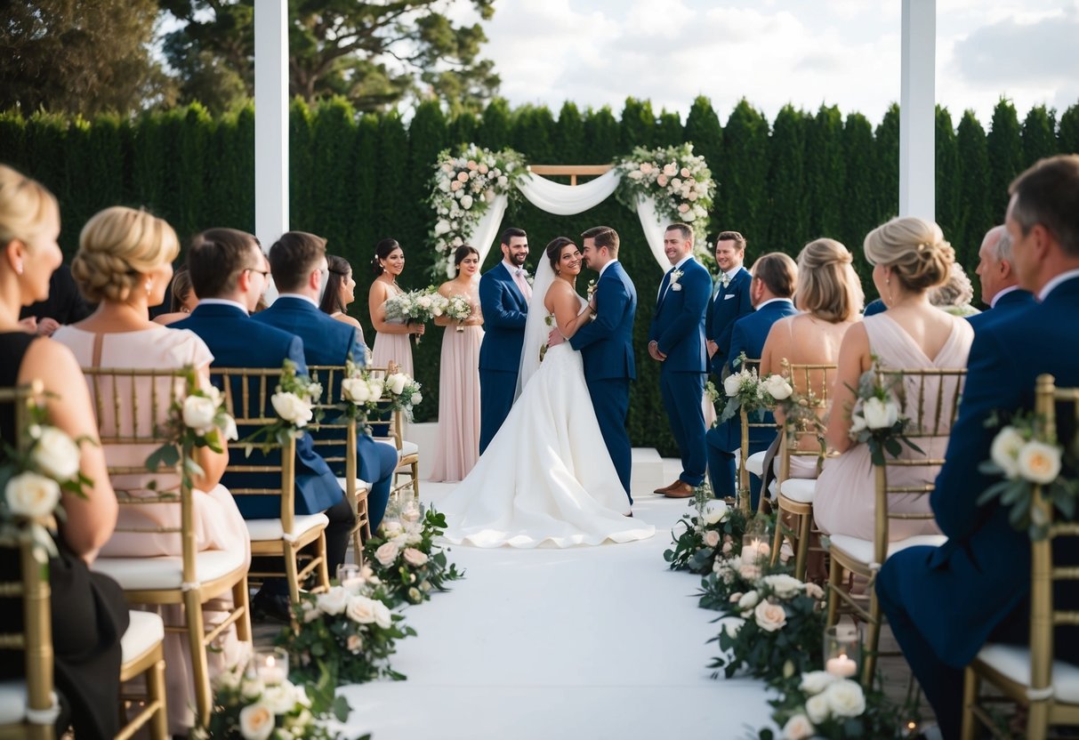 A small wedding: intimate setting, few guests, simple decor. A medium wedding: larger space, more guests, elaborate decorations