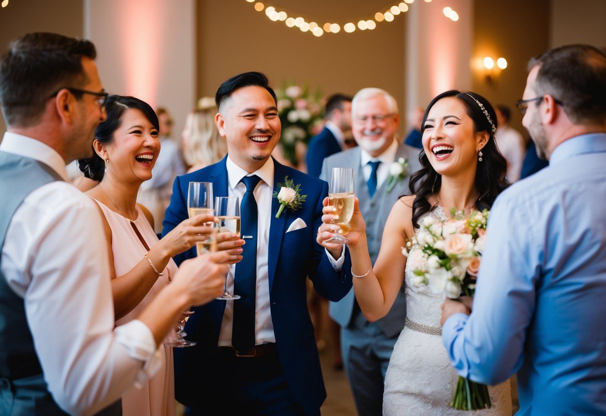 Guests mingling, clinking glasses, and laughing at a wedding reception. Flowers, music, and joy fill the air
