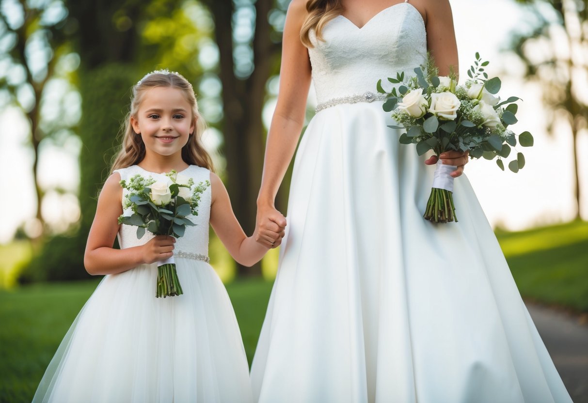 A young girl in a white dress, holding a bouquet, stands next to a bride in a larger version of the same dress. They both smile