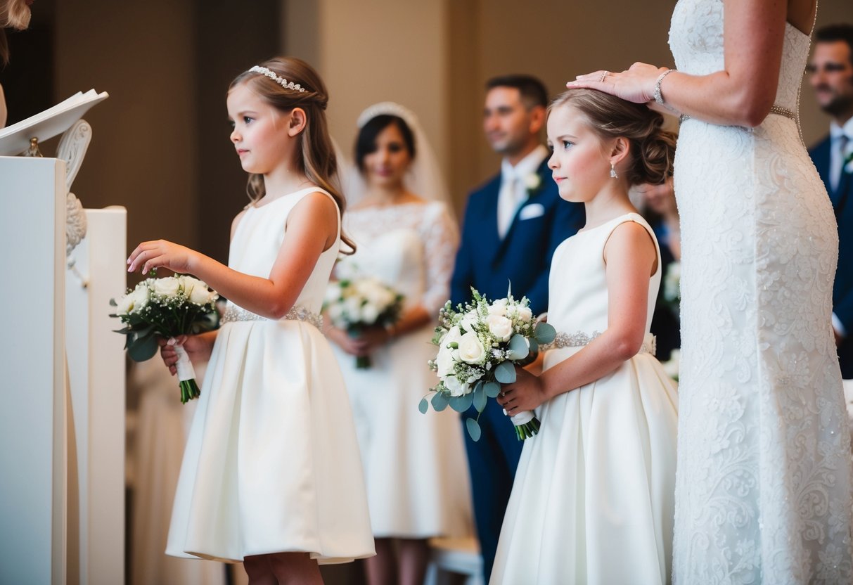 A young girl in a white dress, holding a bouquet, stands alongside the bride at the altar. She mimics the bride's actions during the ceremony