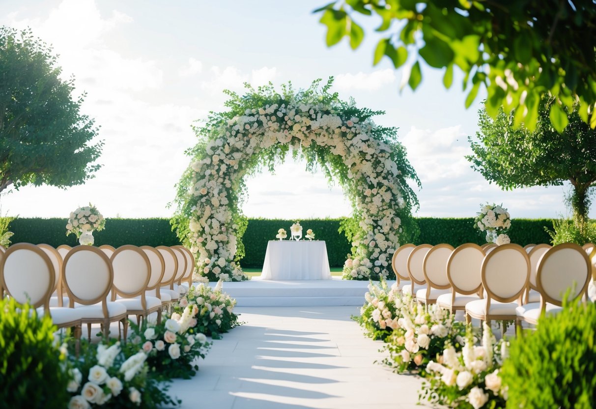 A grand outdoor setting with a lavish floral arch, elegant seating, and a large, ornate wedding altar surrounded by lush greenery