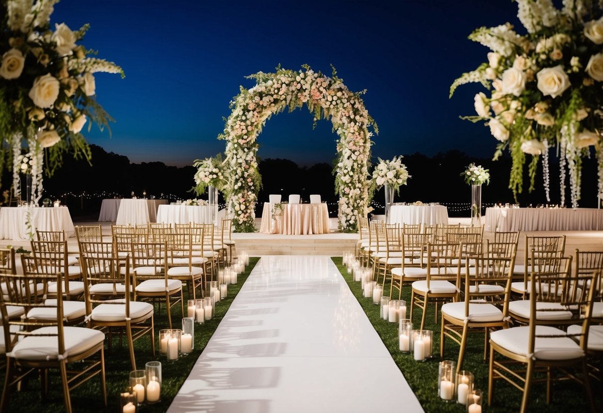 A grand outdoor ceremony with a vast floral arch and rows of elegant chairs. A large reception area with sparkling lights and a dance floor