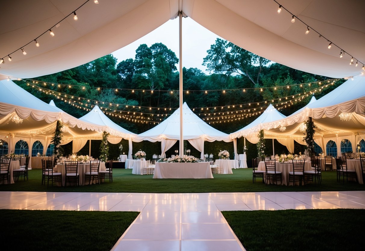 A grand outdoor wedding with multiple large tents, elegant decor, and a spacious dance floor surrounded by lush greenery and twinkling lights