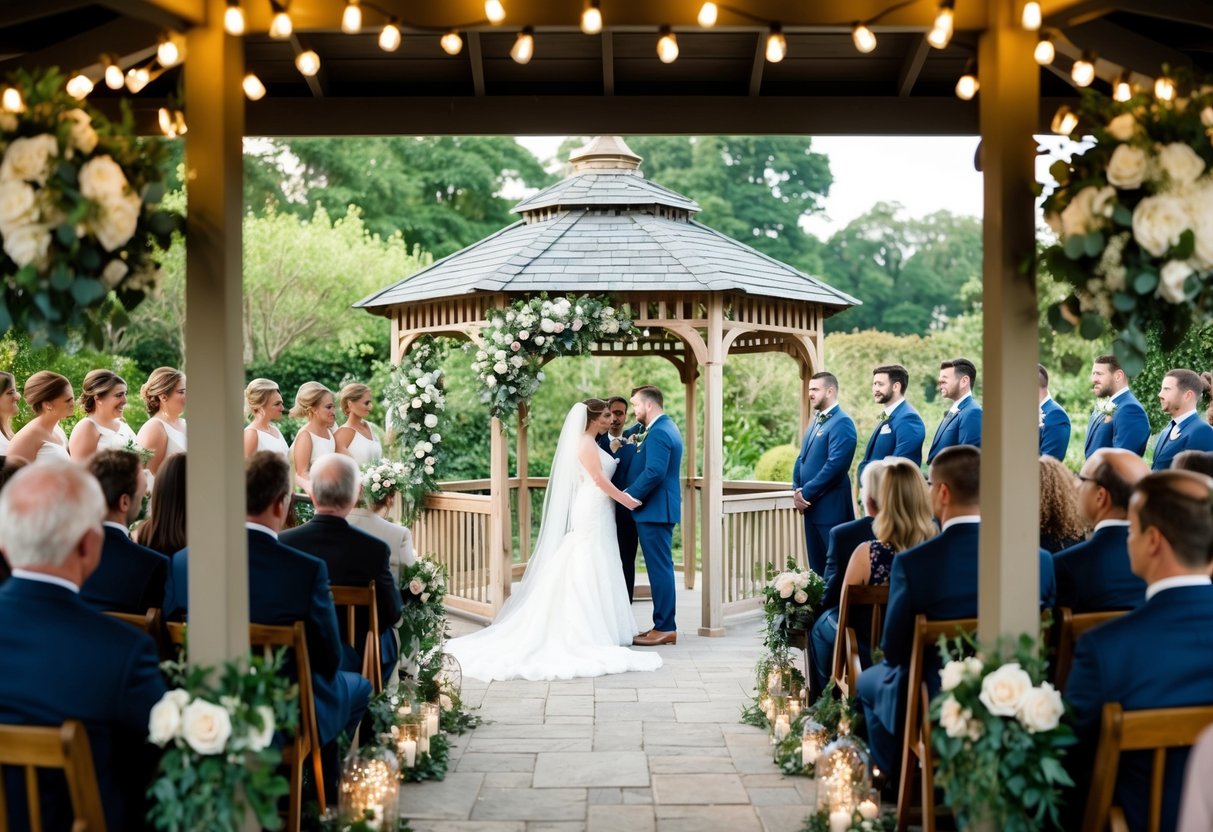 A cozy ceremony in a garden gazebo. Twinkling lights and floral arrangements adorn the intimate setting
