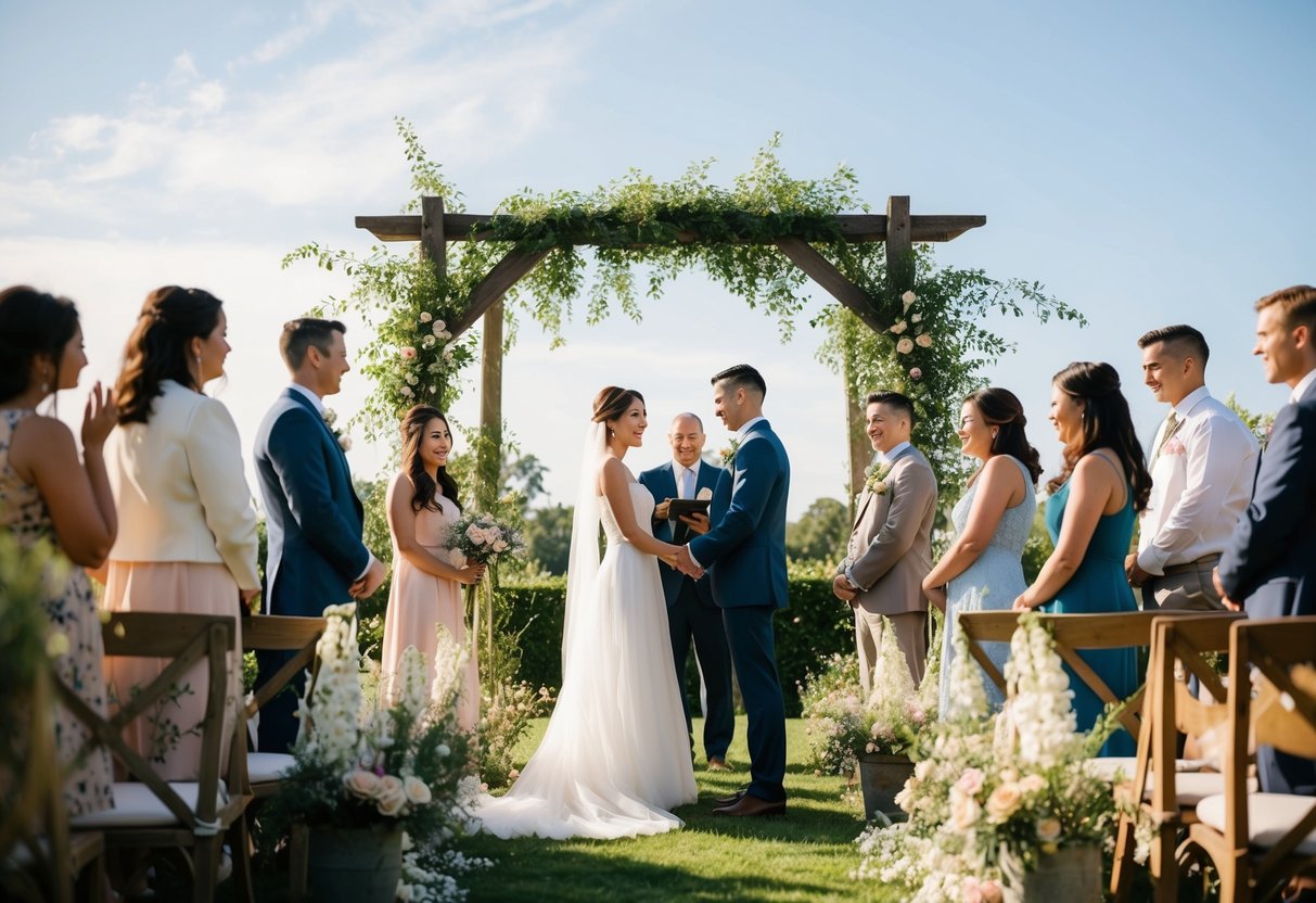 A cozy gathering in a sun-dappled garden, with a rustic arch and delicate flowers, as a couple exchanges vows under a clear blue sky