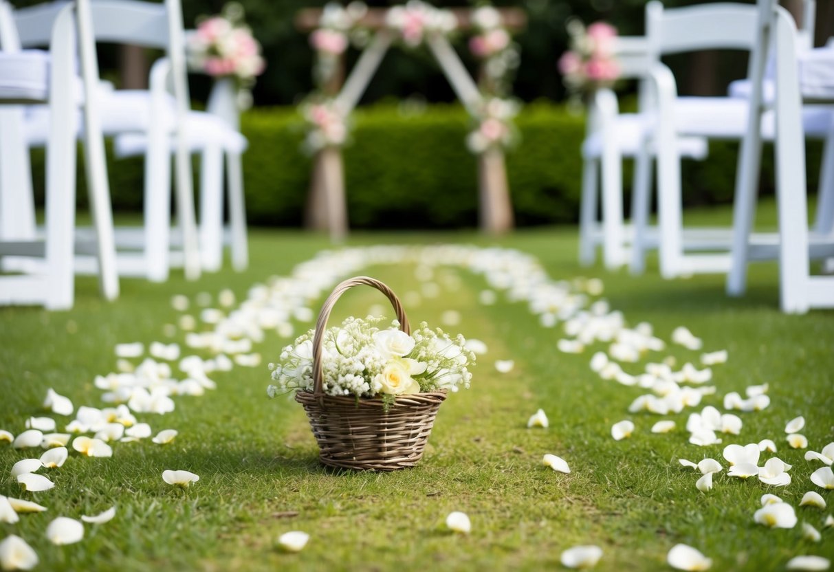 A garden path with scattered petals and a small basket of flowers, set against a backdrop of a charming outdoor vow renewal ceremony