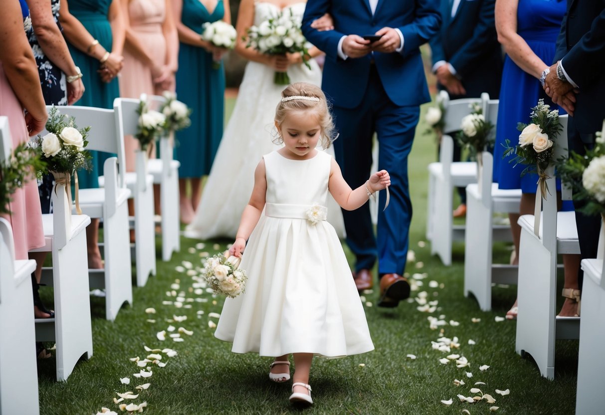 A flower girl walks down the aisle, scattering petals on the ground as she leads the way for the couple renewing their vows