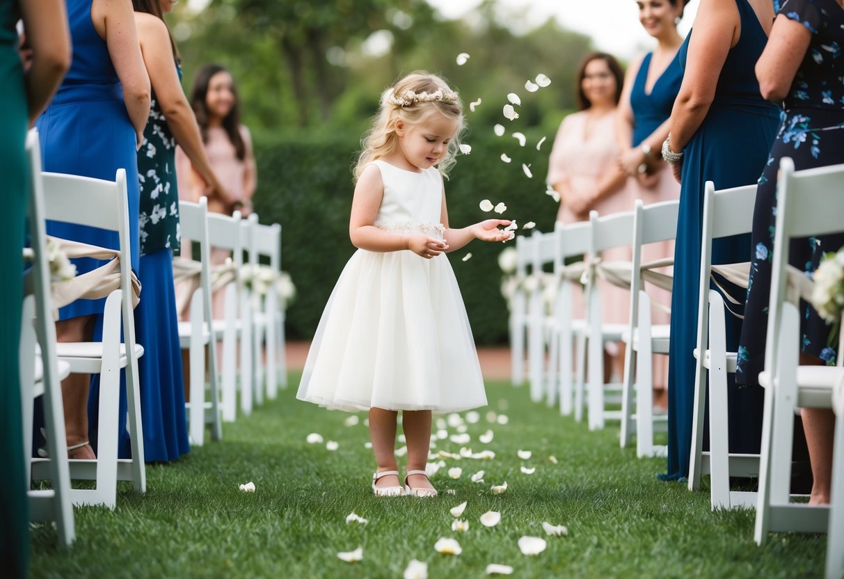A flower girl tossing petals down a grassy aisle at a vow renewal celebration