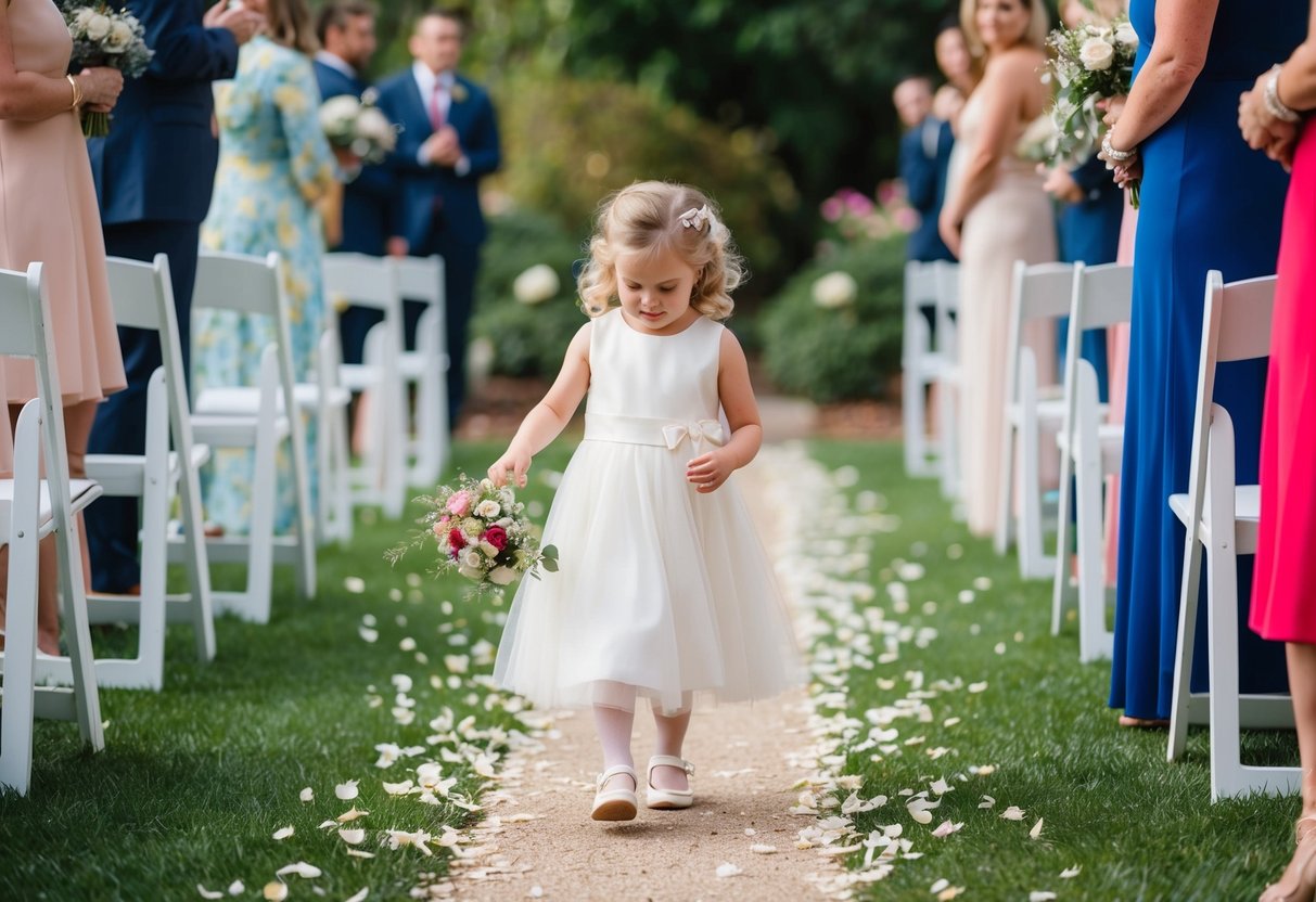 A flower girl sprinkles petals along a garden path at a vow renewal ceremony
