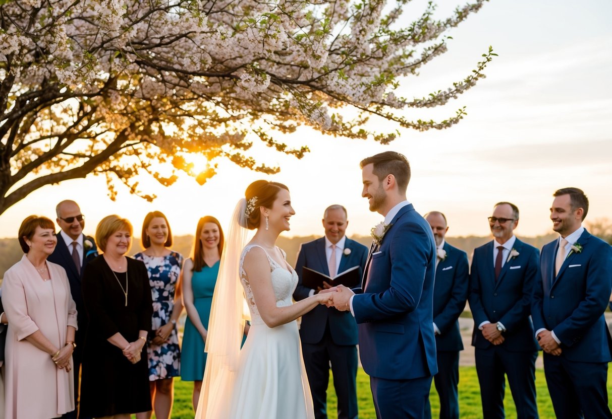 A couple exchanging vows under a blossoming tree with friends and family gathered around, as the sun sets in the background