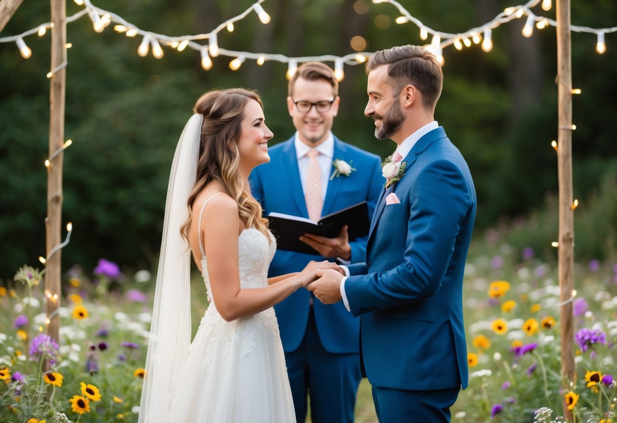 A couple exchanging vows in a whimsical outdoor setting, surrounded by wildflowers and twinkling fairy lights