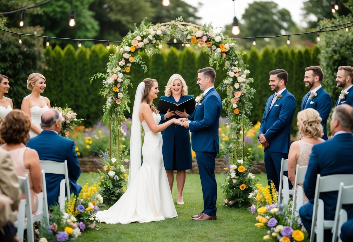 A couple stands in a lush garden, surrounded by twinkling lights and colorful flowers. A small, intimate ceremony is taking place under a beautiful archway, with the couple exchanging vows and rings