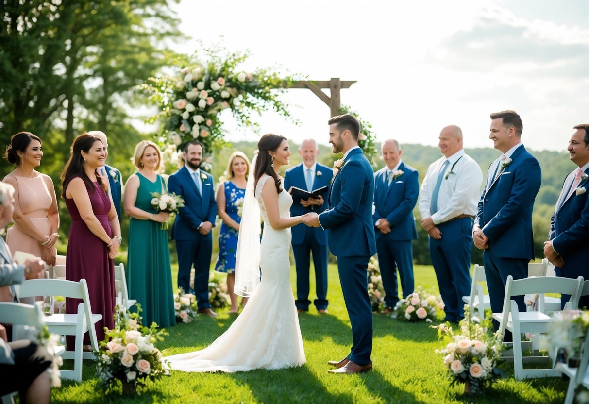 A couple standing in a picturesque outdoor setting exchanging vows with friends and family gathered around, flowers and decorations scattered around the scene
