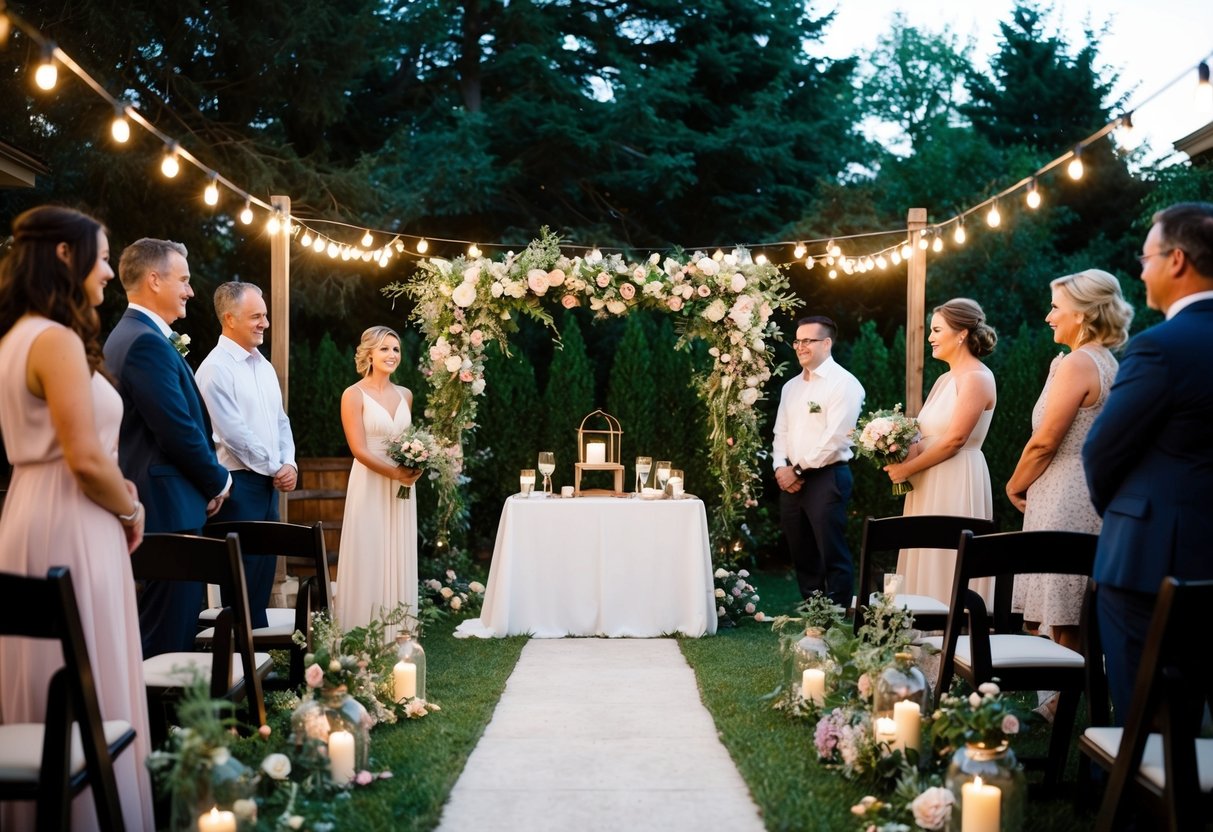 A cozy backyard with a simple altar, surrounded by a few close family and friends, adorned with twinkling lights and delicate flowers