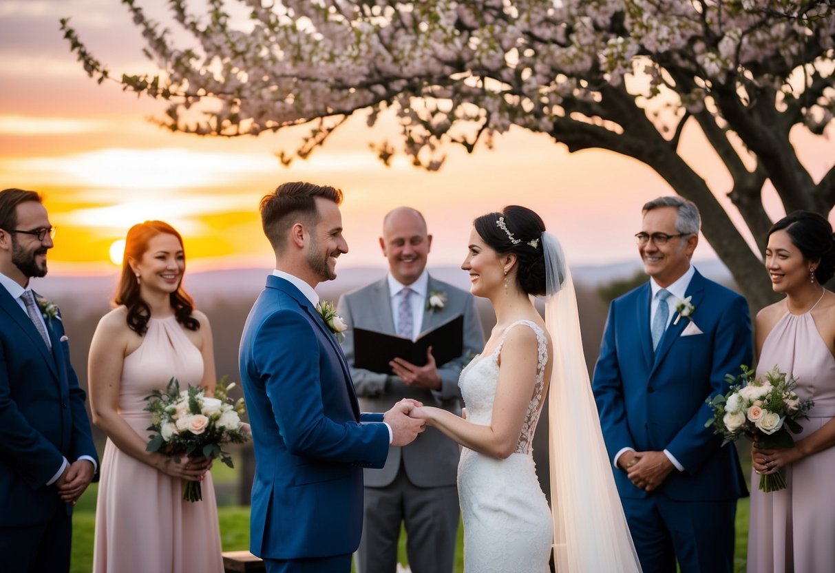 A couple exchanging vows under a blooming tree, surrounded by friends and family, with a picturesque sunset in the background