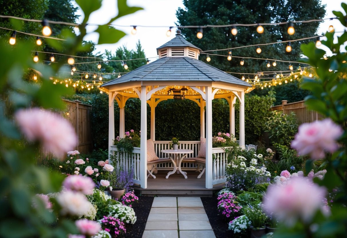 A cozy, intimate garden setting with a charming gazebo, surrounded by blooming flowers and twinkling string lights