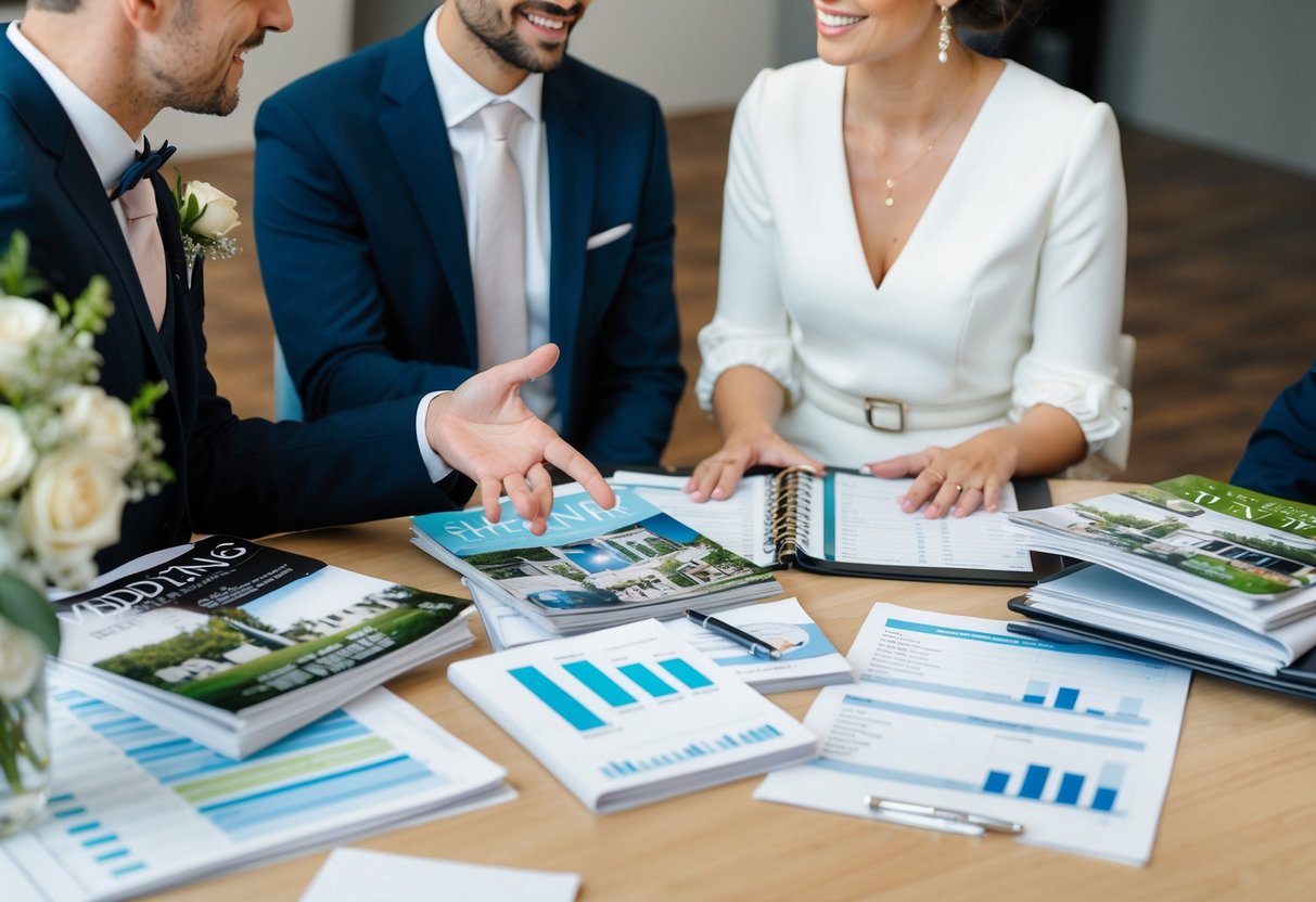 A couple sits at a table, surrounded by wedding magazines and a budget spreadsheet. They gesture towards a small, intimate venue in their conversation with a wedding planner
