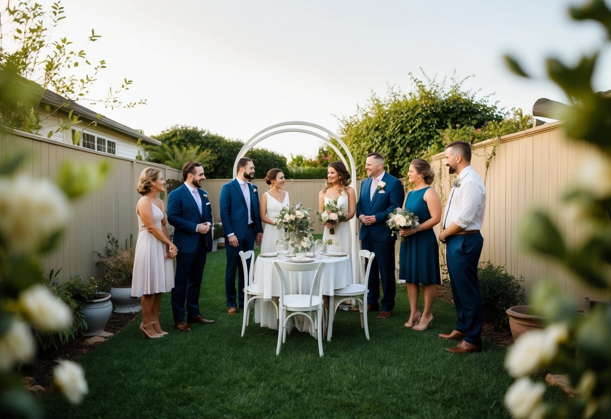 A cozy backyard with a simple arch, surrounded by a few close friends and family, with a small table set for an intimate wedding celebration
