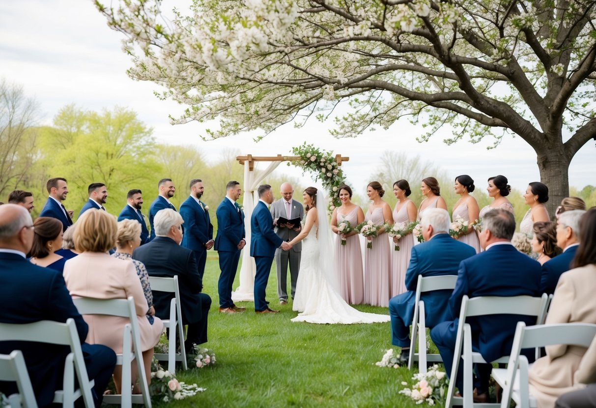 A small, intimate ceremony under a blooming tree with a few close family and friends, a simple arch, and soft, natural lighting