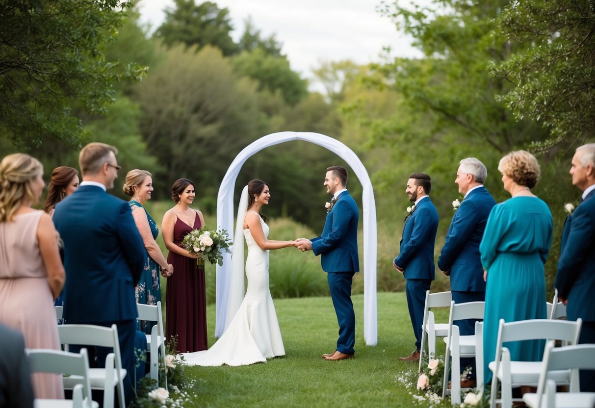 A small, intimate outdoor ceremony with a simple arch, surrounded by nature and a few close friends and family