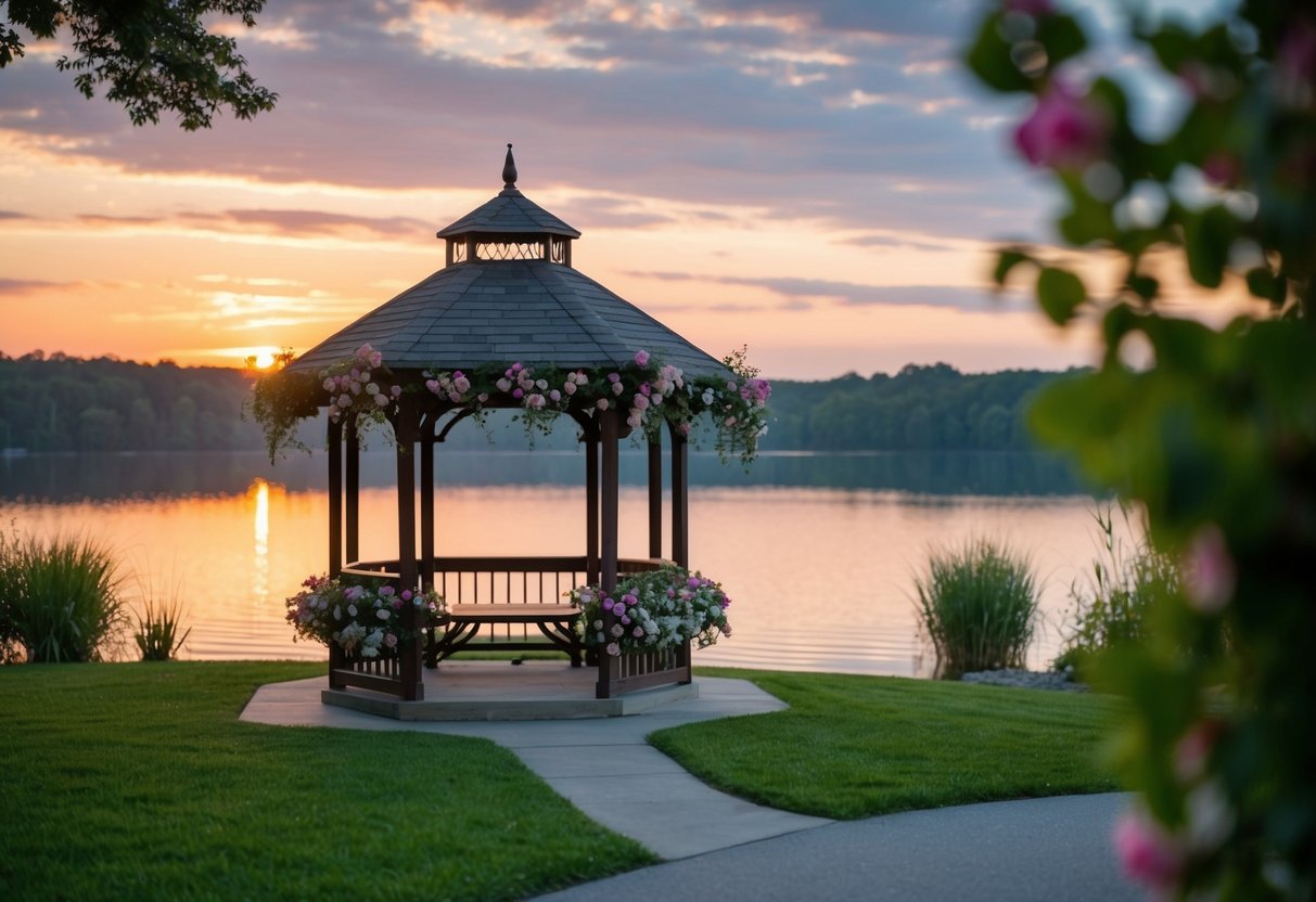 A small gazebo adorned with flowers, overlooking a serene lake at sunset