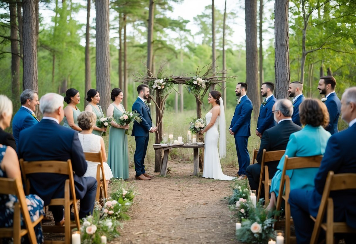 A small intimate ceremony in a forest clearing, with a simple altar made of branches and wildflowers, surrounded by close family and friends