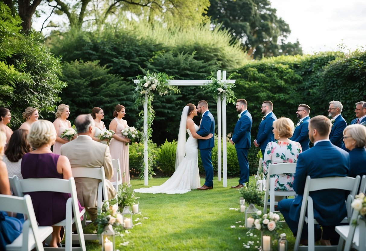 A small, intimate wedding ceremony in a cozy garden setting with a simple arch and a few close family and friends gathered around