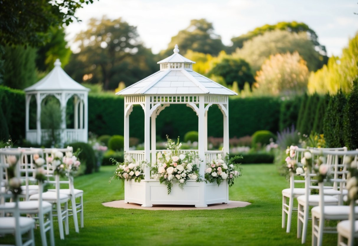 A small, elegant wedding set in a charming garden with a petite gazebo and delicate floral arrangements