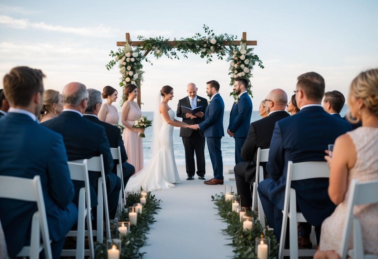 A small, modern wedding ceremony with minimalist decor and a focus on technology and savings