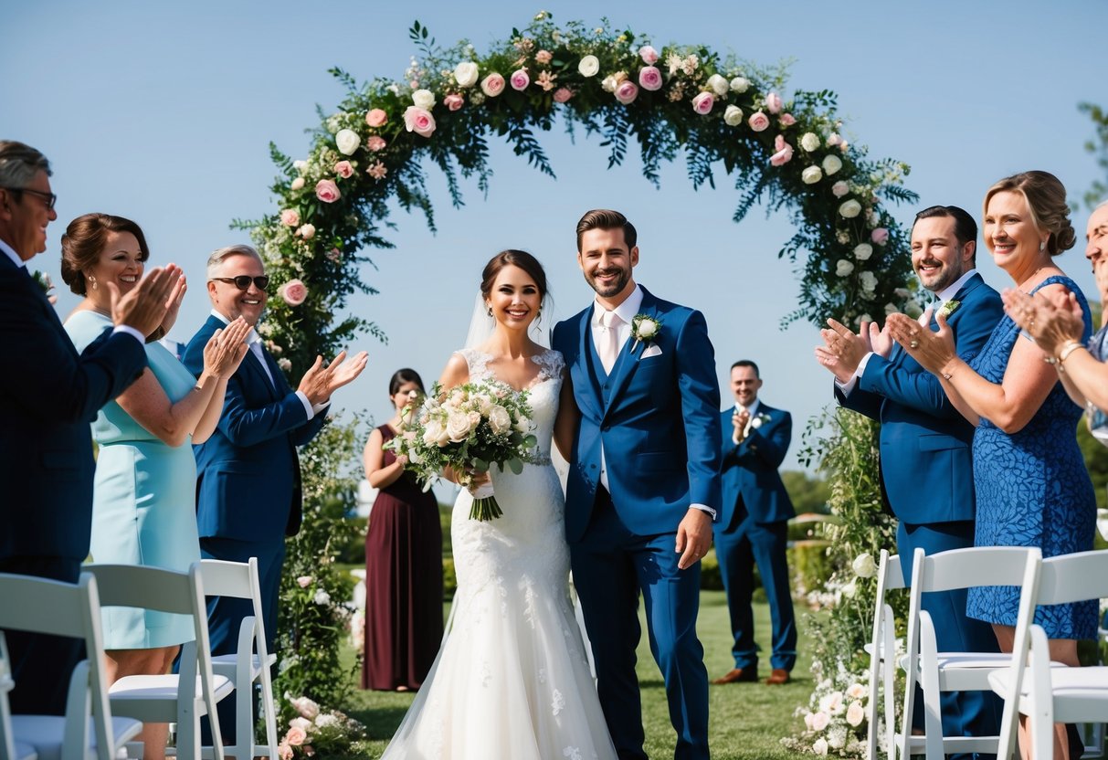 A bride and groom standing under a floral arch, surrounded by guests clapping and cheering in a sunny outdoor setting