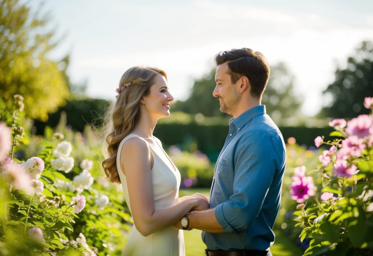 A couple standing in a sunlit garden, facing each other with tender expressions, surrounded by blooming flowers and a gentle breeze