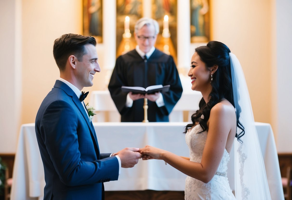 A couple standing at the altar, facing each other, with the officiant in the background. The couple holds hands and exchanges vows with a serene and joyful expression