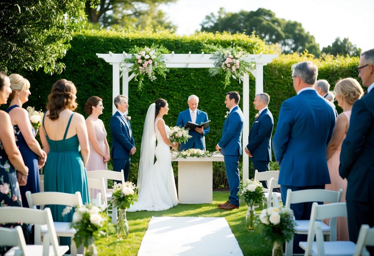 A small, intimate wedding ceremony in a beautiful garden setting. A few close friends and family members gather around a simple altar adorned with flowers